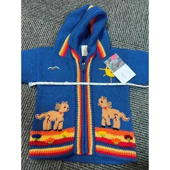 Lucy Iburg Handmade in Peru.  NWT Blue Knit Sweater, Horses, Sun Zip-Up Hoodie - Picture 6 of 7